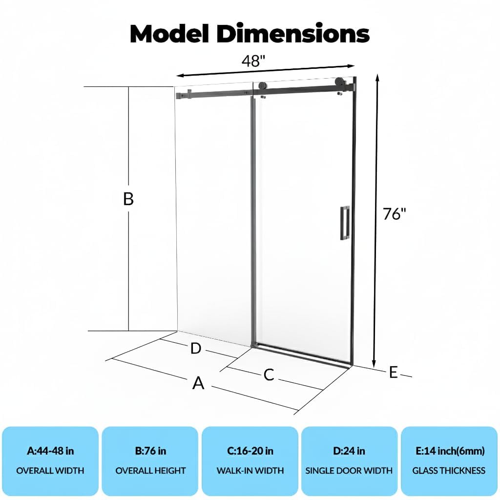 44-48" W x 76" H Frameless Sliding Shower Door, 1/4" (6mm) Tempered Glass with Explosion-Proof Film, Matte Black Stainless Steel Track & 55mm Rollers, Bypass Bathroom Door