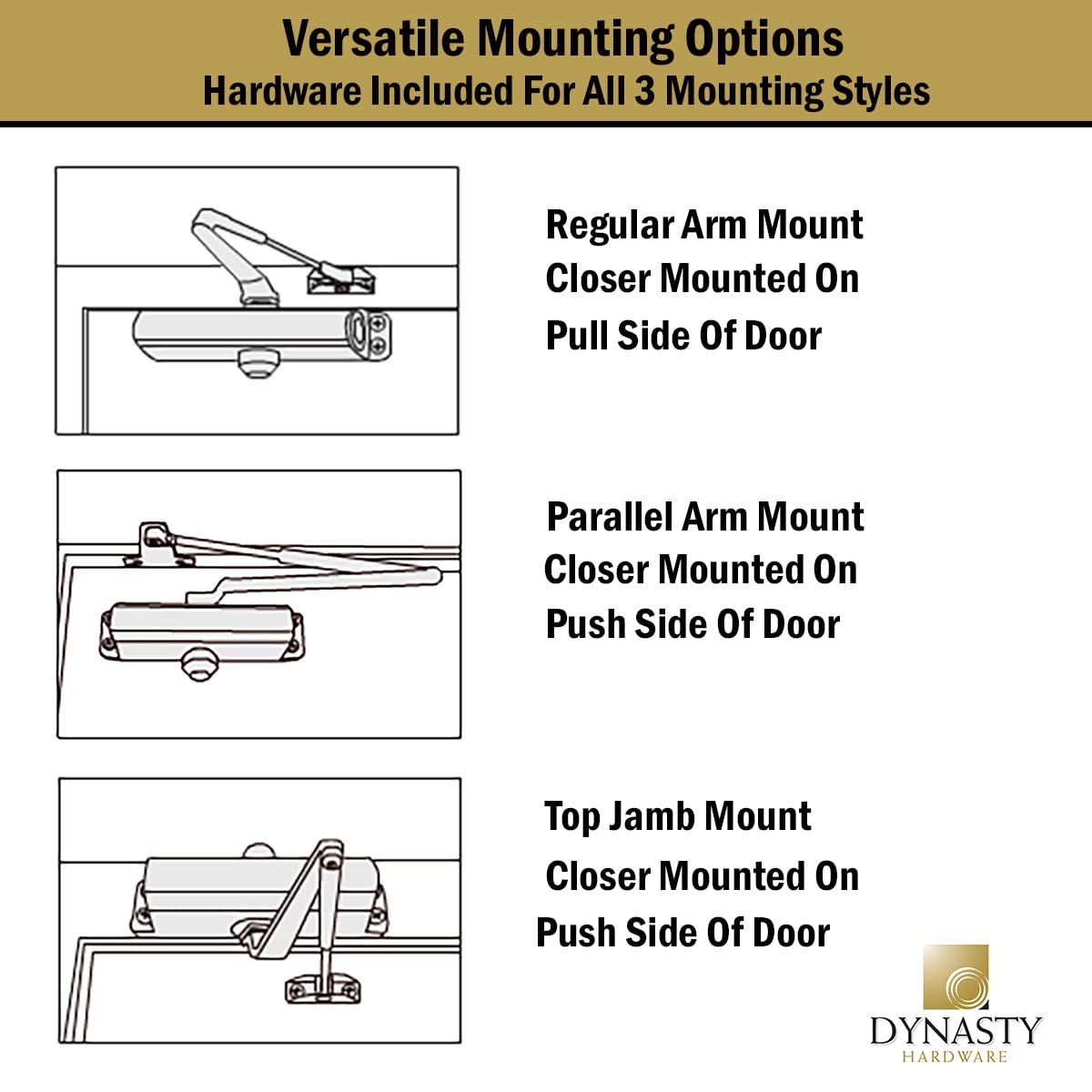 Dynasty Hardware Door Closer, Grade 1 Heavy Duty Commercial Hydraulic Closer & Hold Open Arm, Self-Closing, Adjustable Spring Size 1-6, ADA Compliant, Surface Mount, Sprayed Aluminum, Series 4401
