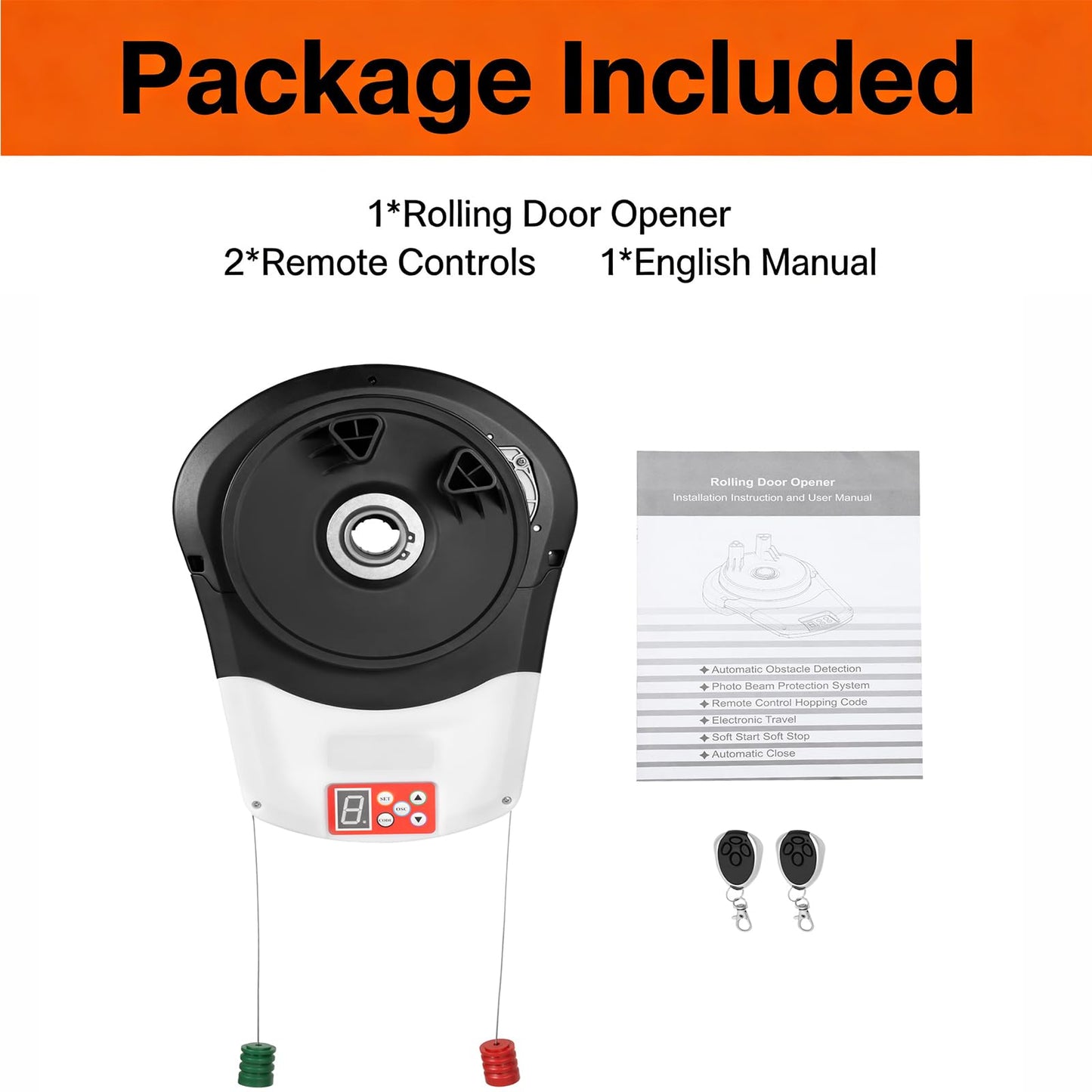 100W Auto Roller Door Opener, 800N Commercial Side Mount Garage Rolling Opener, AC110V Garage Door Opener Roller LED Indicator Light w/Two 164ft Control Distance Controls, Two Hanging Handles