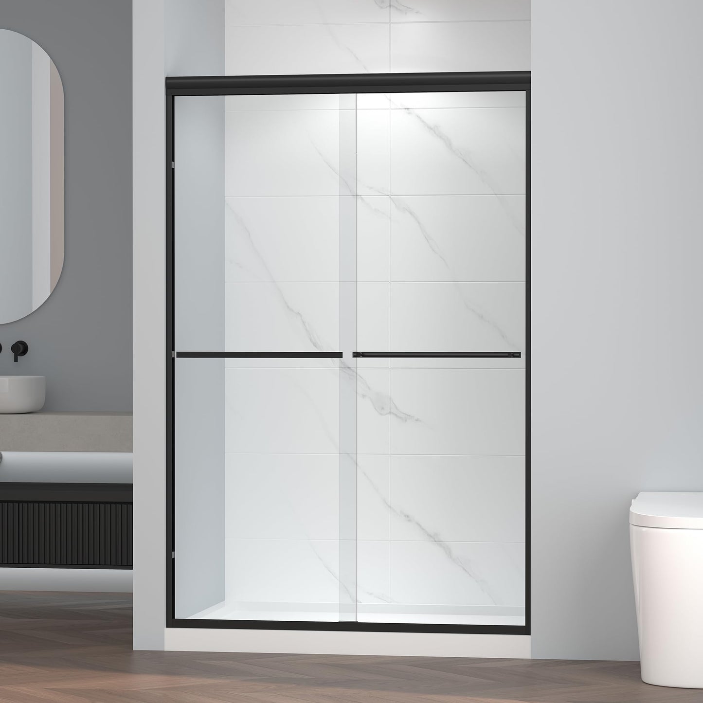 ENSO SENKA 44-48" W x 72" H Semi-Frameless Bypass Sliding Shower Door, Easy-to-Clean Treated Clear Tempered Glass, Matte Black