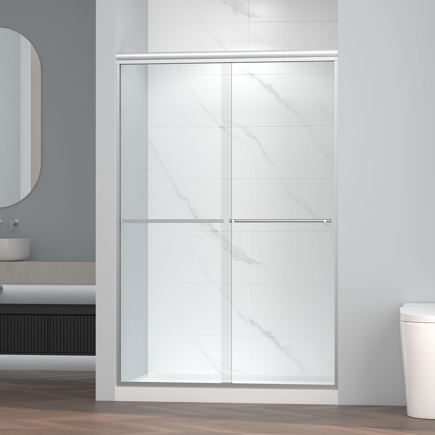 ENSO SENKA 44-48" W x 72" H Semi-Frameless Bypass Sliding Shower Door, Easy Clean Treated Clear Tempered Glass, Brushed Nickel