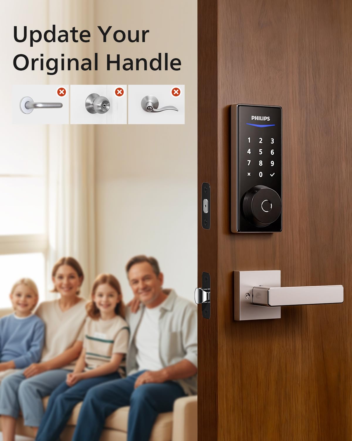 Philips Smart Lock with Handles, Smart Door Lock with 2 Level Handles, Keyless Entry Door Lock Set, Digital Keypad Deadbolt for Front Door, App Fingerprint PIN Code Unlocking, Auto Locking