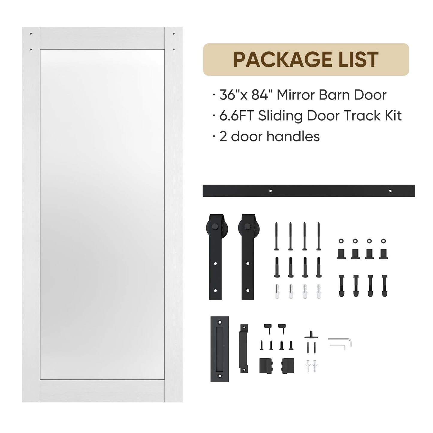 BARNSMITH 36in x 84in Mirror Barn Door with 6.6FT Sliding Door Hardware Kit Included, 1 Lites Full Length Mirror Door, Solid Wood Water-Proof PVC Surface,No Assembly Required,White