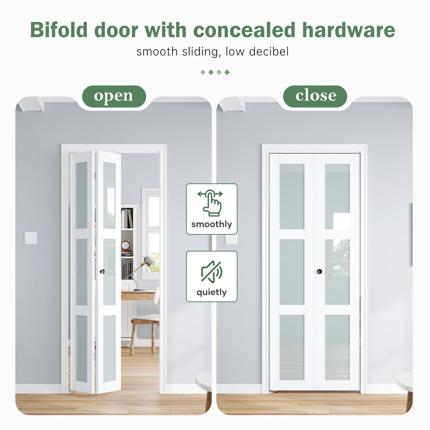 Roymelo Bifold Doors for 32"×80-3/4" Opening, Preassembled White Frosted Glass Folding Barn Door, Sliding Interior Wood Panel Closet Bifolding Door with Concealed Hardware Kit Included