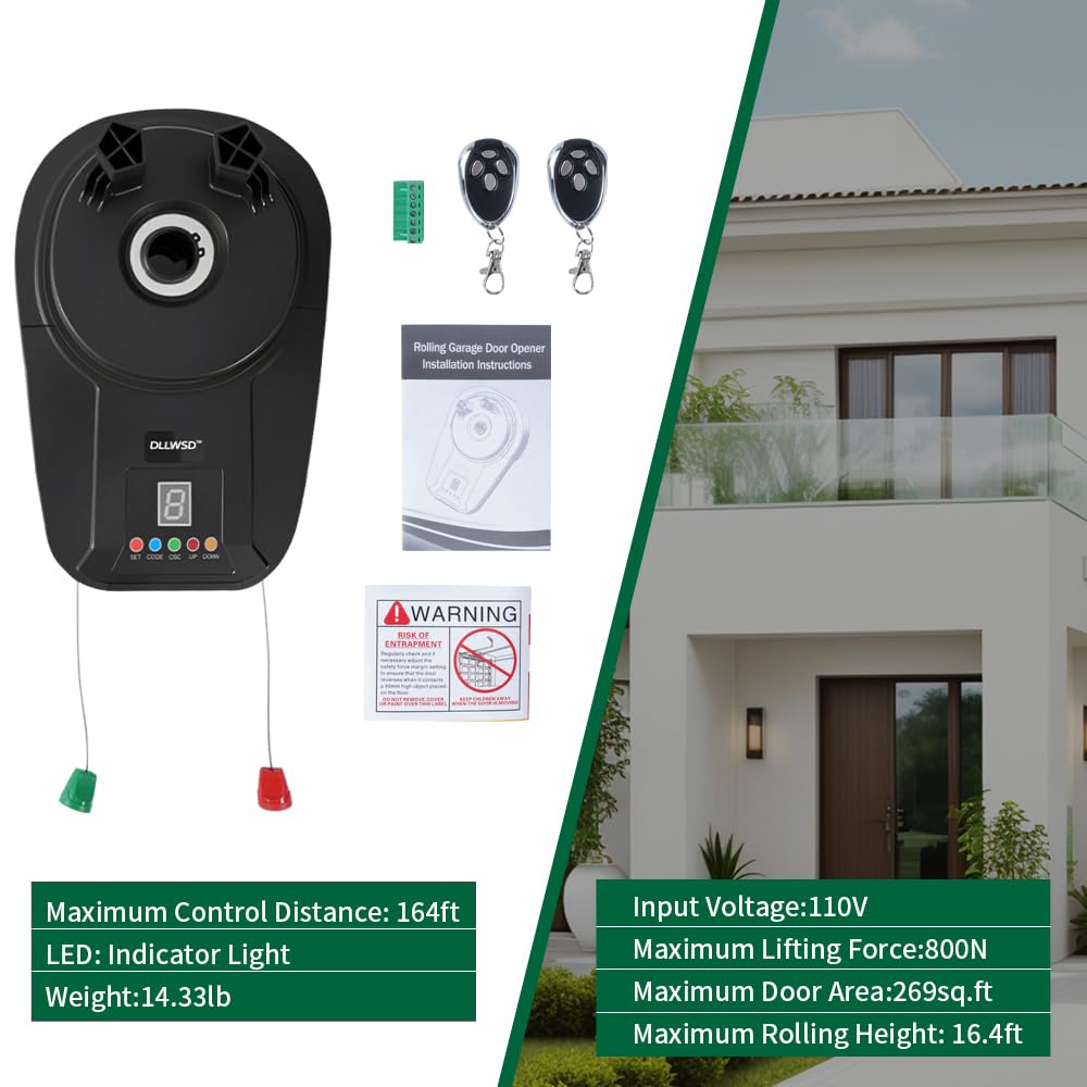 Automatic Roller Door Opener,2 Remotes Commercial Garage Farm Warehouse Electric Roller Shutter Door Opener with 800N Powerful Motor 22M Roller Shutter