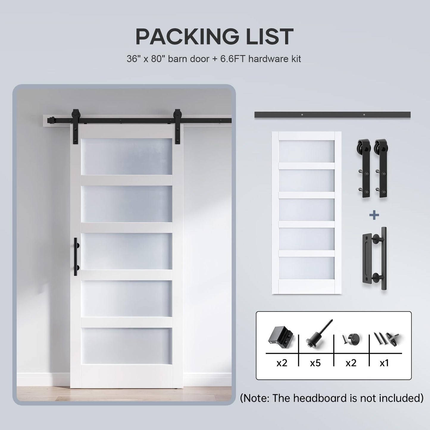 ROYMELO 36x80 Inch Glass Sliding Barn Door Slab and 6.6ft Hardware Kit Included, 5 Frosted Glass, LVL Wood Panel Covered with White Water-Proof Scratch-Proof PVC Surface, Simple DIY Assembly