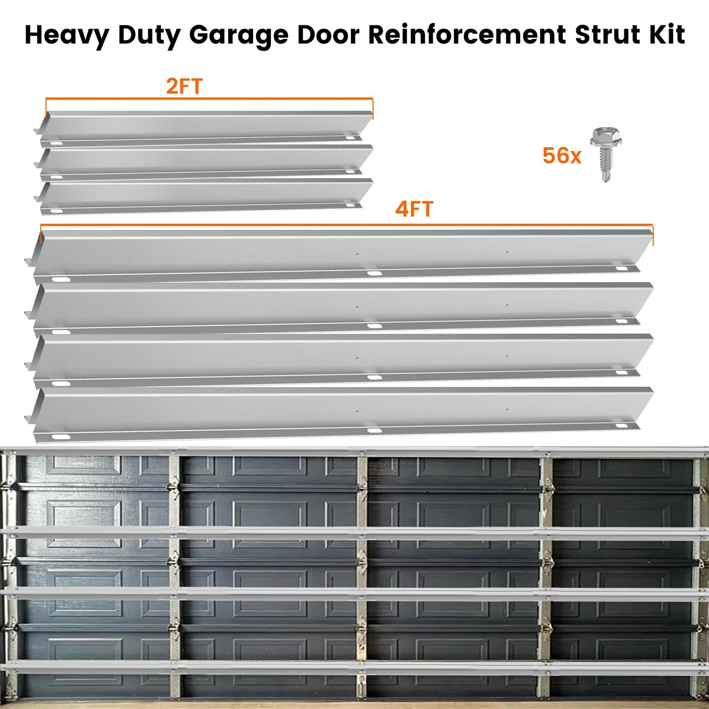 16FT Garage Door Reinforcement Strut Kit, Professional 18-Gauge Steel - 1.2M Long Segments for Maximum Rigidity, Hurricane & Snow Proof, Fits 16ft Double Garage Doors, 56x Self-Drilling Screws