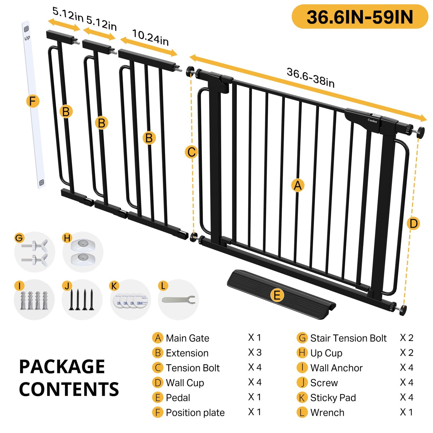 Cumbor 36.6-59" Extra Wide Baby Gate for Stairs, Pressure Mounted Dog Gate for Doorways, Auto-Close Easy Walk Through Safety Child Gate for Kids Toddler, Tall Pet Gates Indoor, Black