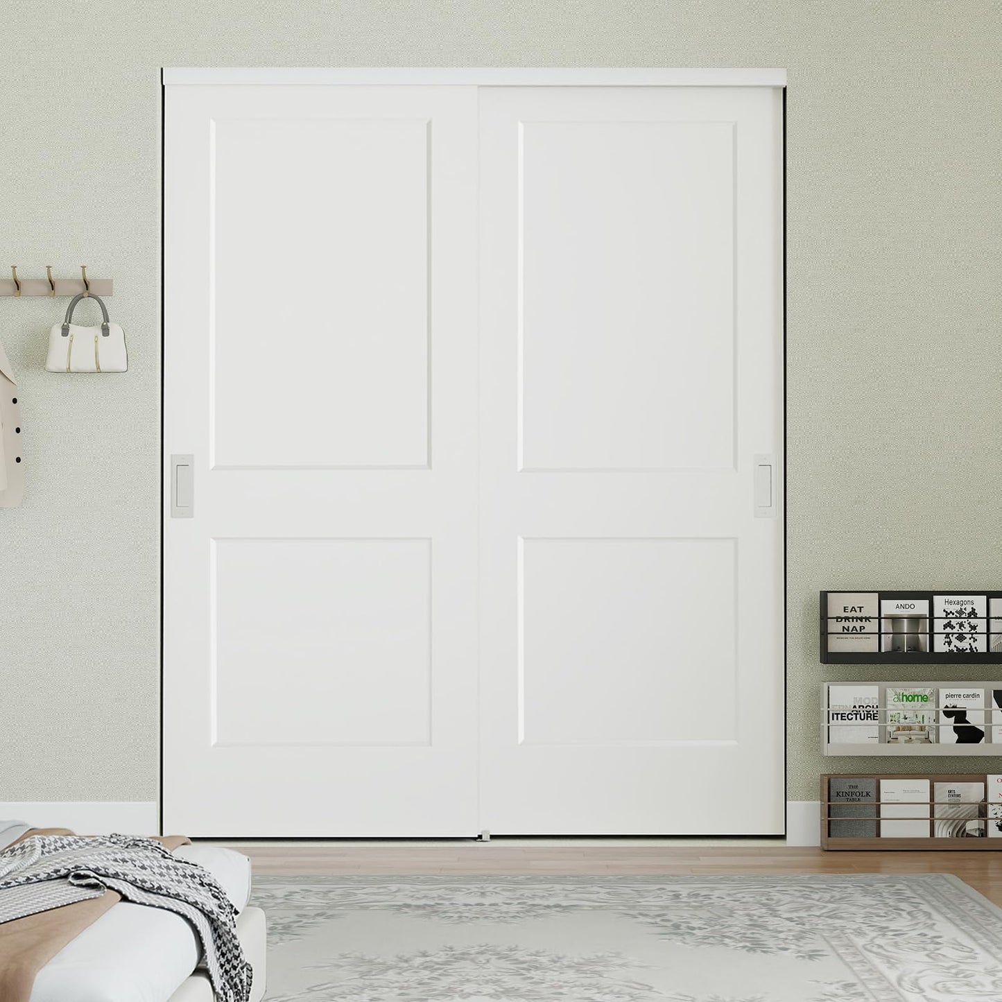 JUBEST 72 in. x 80in. Bypass Closet Door, Flat 2 Panel Shaker Style White Primed Bypass Sliding Closet Door, Interior Doors with Hardware Kits Include, Pre-drilled, Paintable