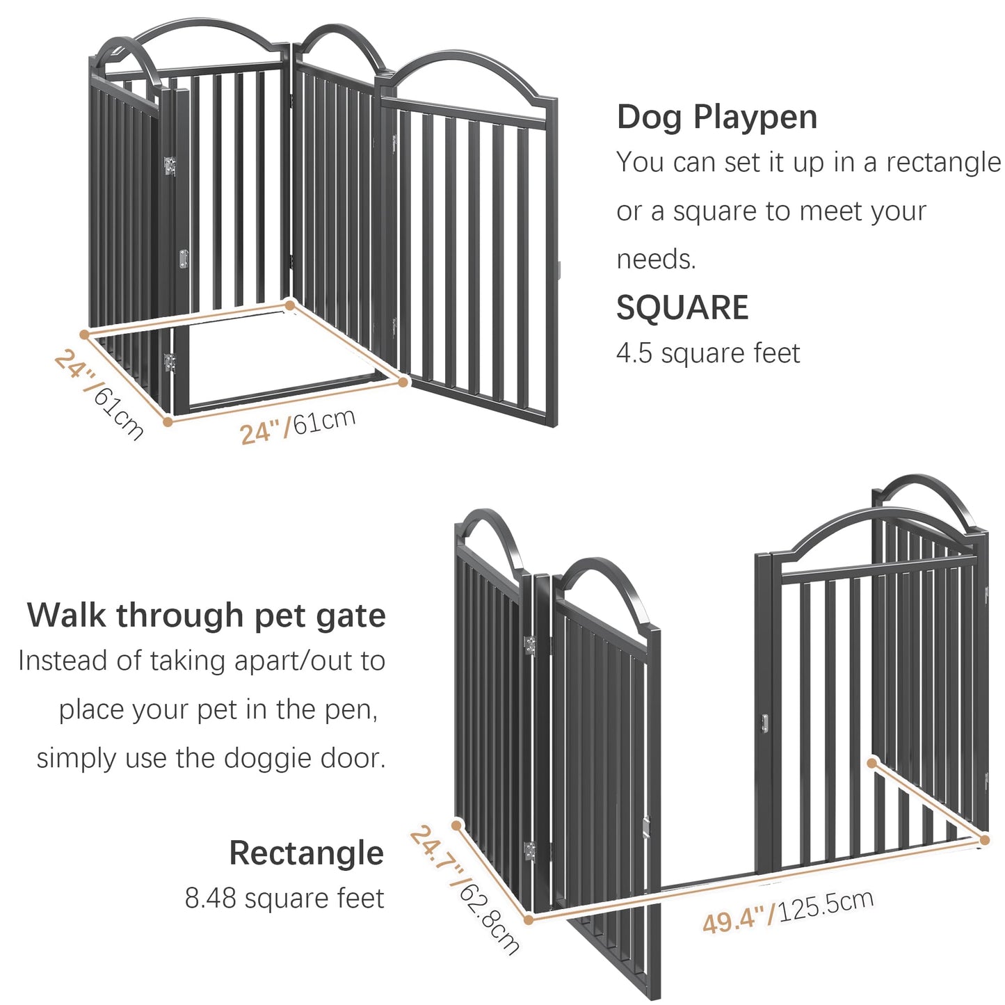 BHG Metal No-Assembly Freestanding Dog Gate with Door Walk Through, Extra Wide 96", Extra Tall 32" Pet Gate, Accordion Puppy Folding Playpen Dog Fence for Indoor & Outdoor, with 2PCS Support - Black