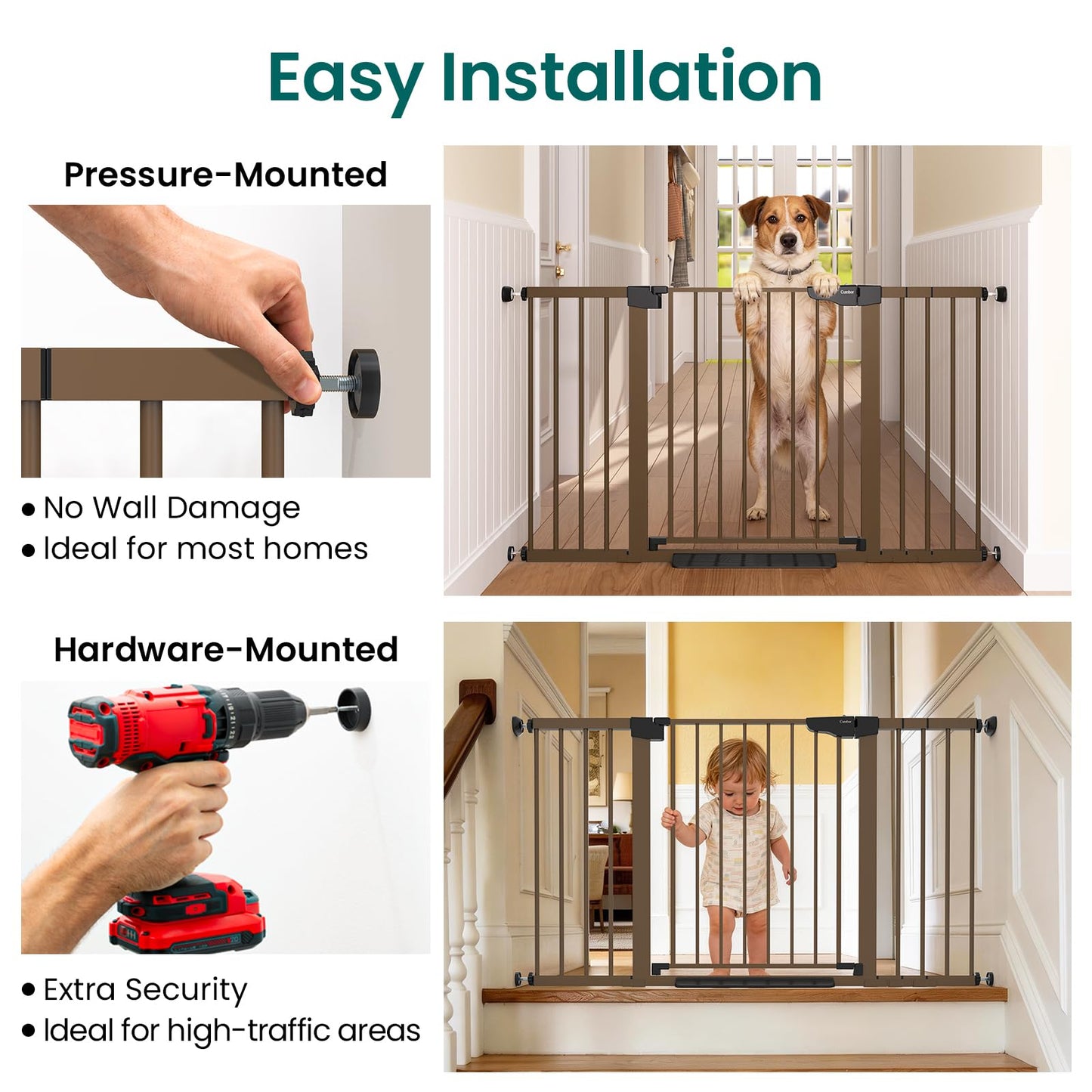 Cumbor 30-54" Extra Wide Baby Gate for Stairs, Dual Lock & Self-Closing Dog Gate Indoor, Easy Install Pet Gate for Doorways, Hallways & Kitchen, Easy Walk Thru Safety Proofing for Babies & Pets, Brown