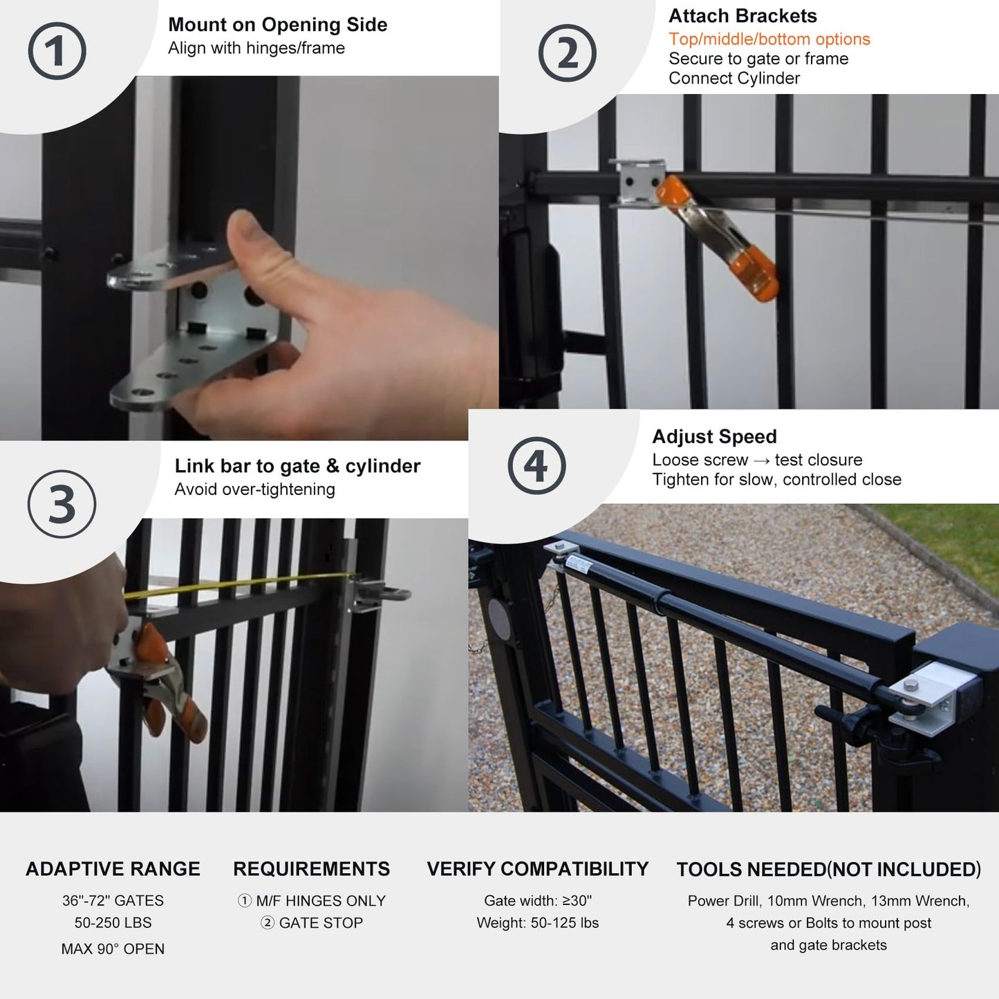 TB200b Heavy Duty Hydraulic Gate Closer for 60–140 lb Gates – Adjustable Closing Speed, Fits 40–64 Inch Gates – Ideal for Farm, Backyard, Pool, and Property Fencing (Black)