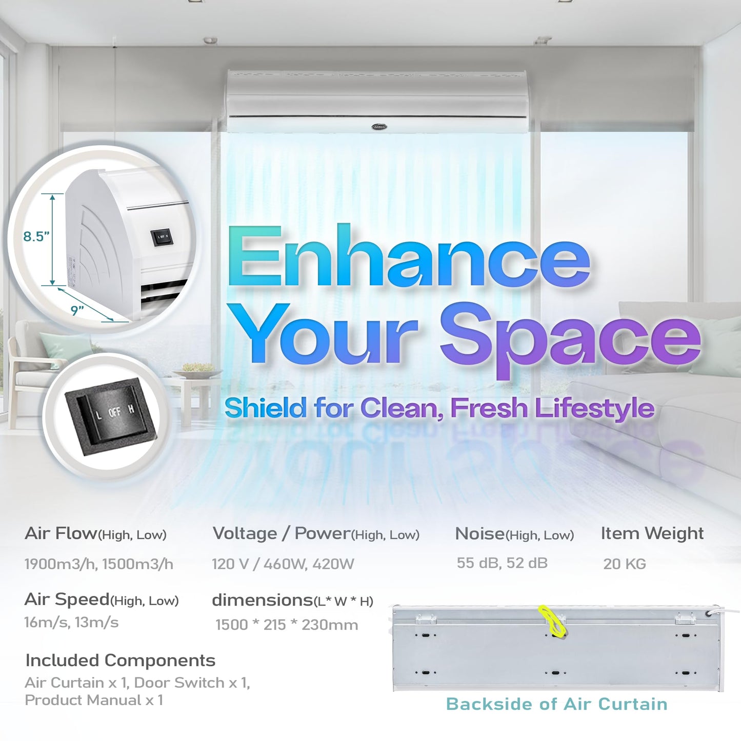 DuraSteel Wall Mounted Air Curtains for Doors Commercial - 60 Inch White Fly Fans - Super Power Over Door Fan with MS Switch - Sliding Under Door Fans to Move Air Curtain Blower Keep Flies Bugs Out