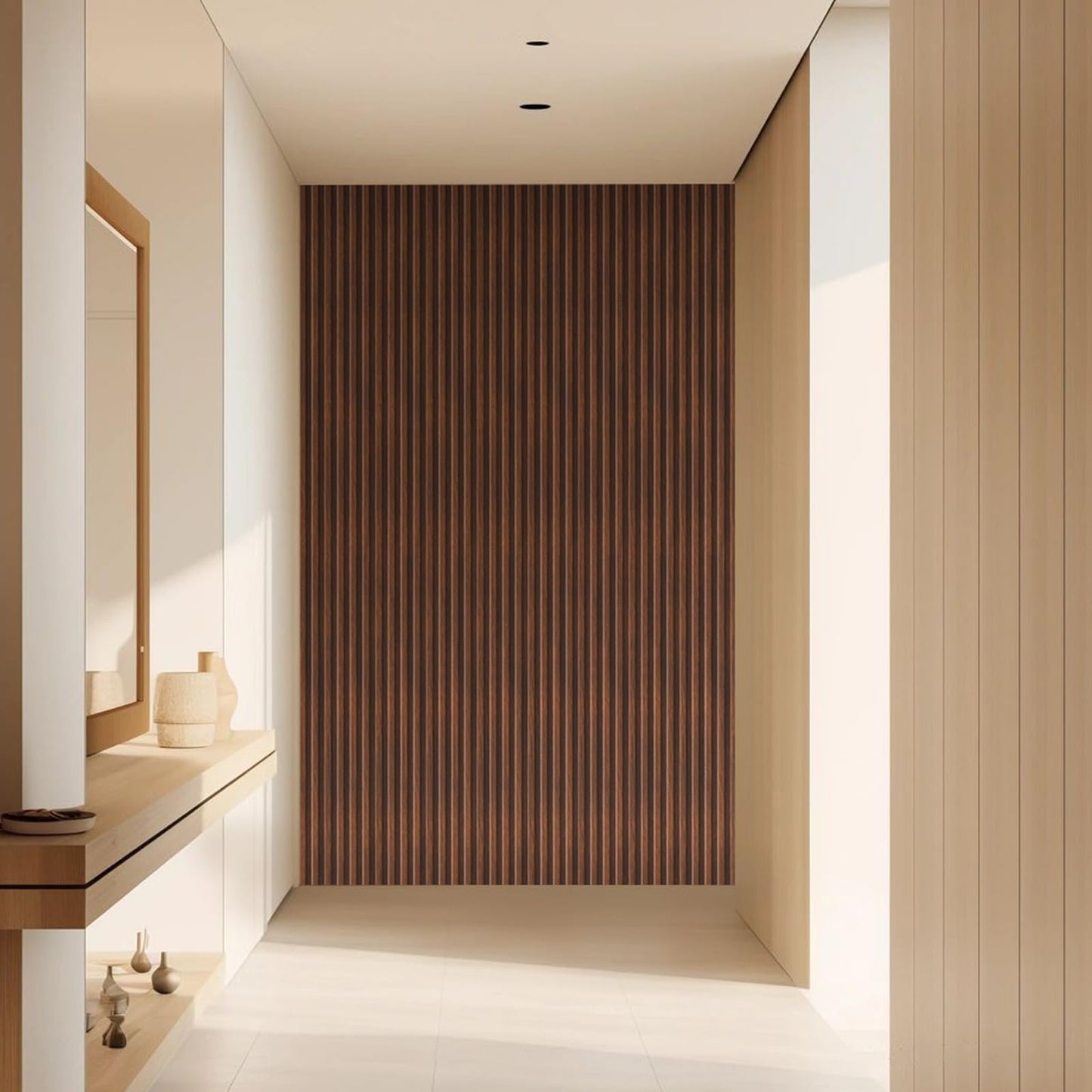 VESLARA Slat Wood Panel 4pcs Wall Panels with 2pcs End Trims 108’’ x 5.7’’ Wood Wall Panel for Interior Wall Decor Bedroom Living Room TV Background Walnut