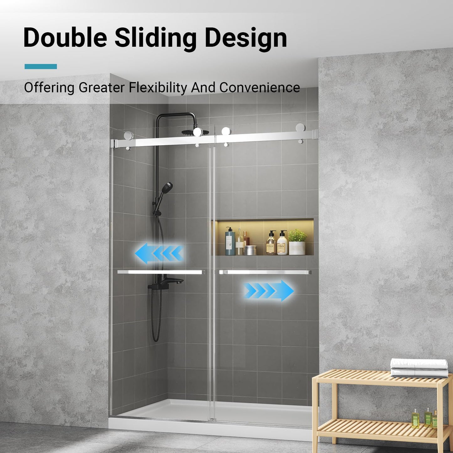 56"-60" W x 76" H Frameless Shower Door, 3/8" (10mm) ANSI Certified Tempered Glass, Double Sliding Bypass, Stainless Steel, Chrome
