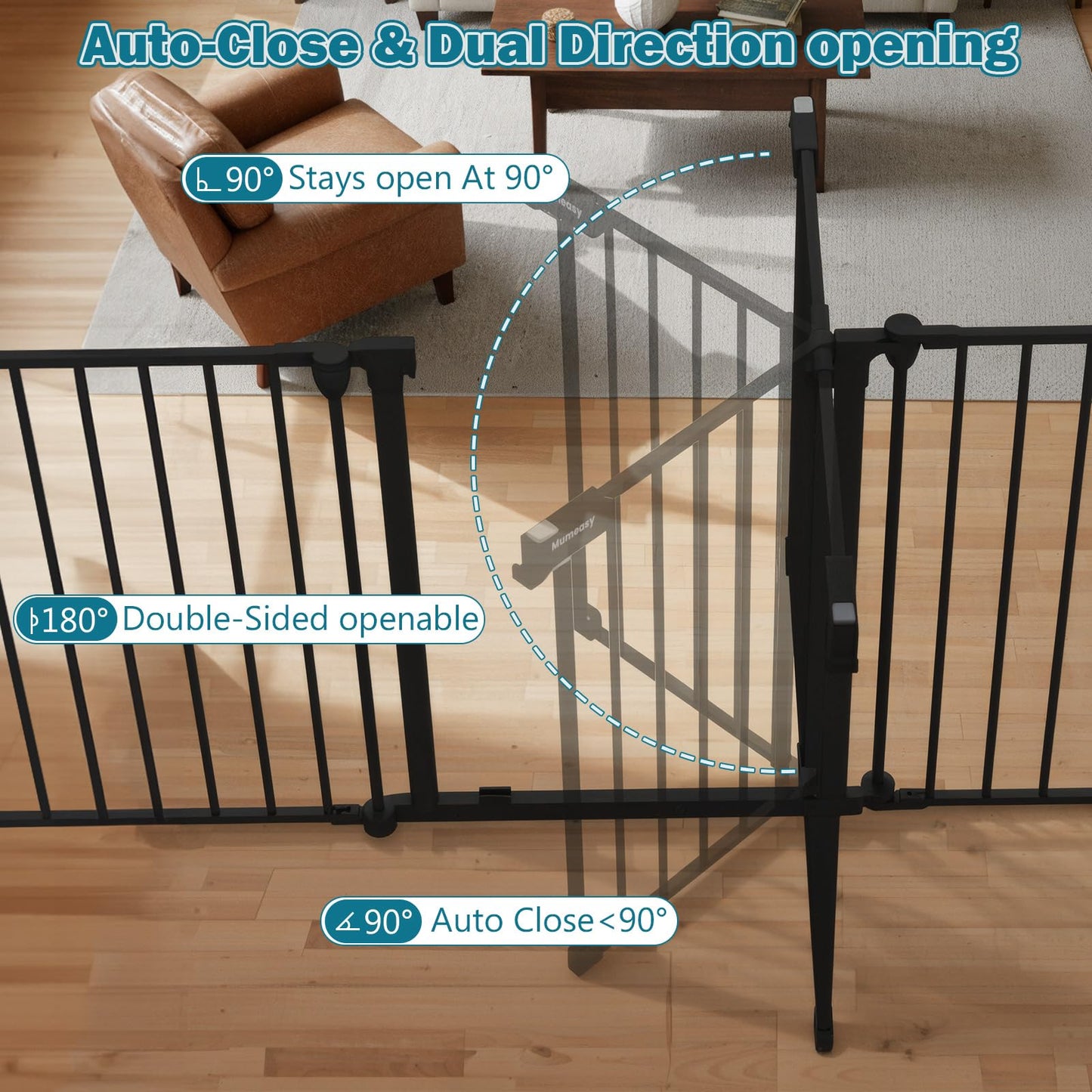 Mumeasy 80" Extra Wide Baby Gate for Doorways, Stairs & Fireplace, Auto Close Dog & Pet Gate with Walk Thru Door, 3 Metal Panels, Hardware Mounted Child Safety Fence for House, Indoor/Outdoor, Black