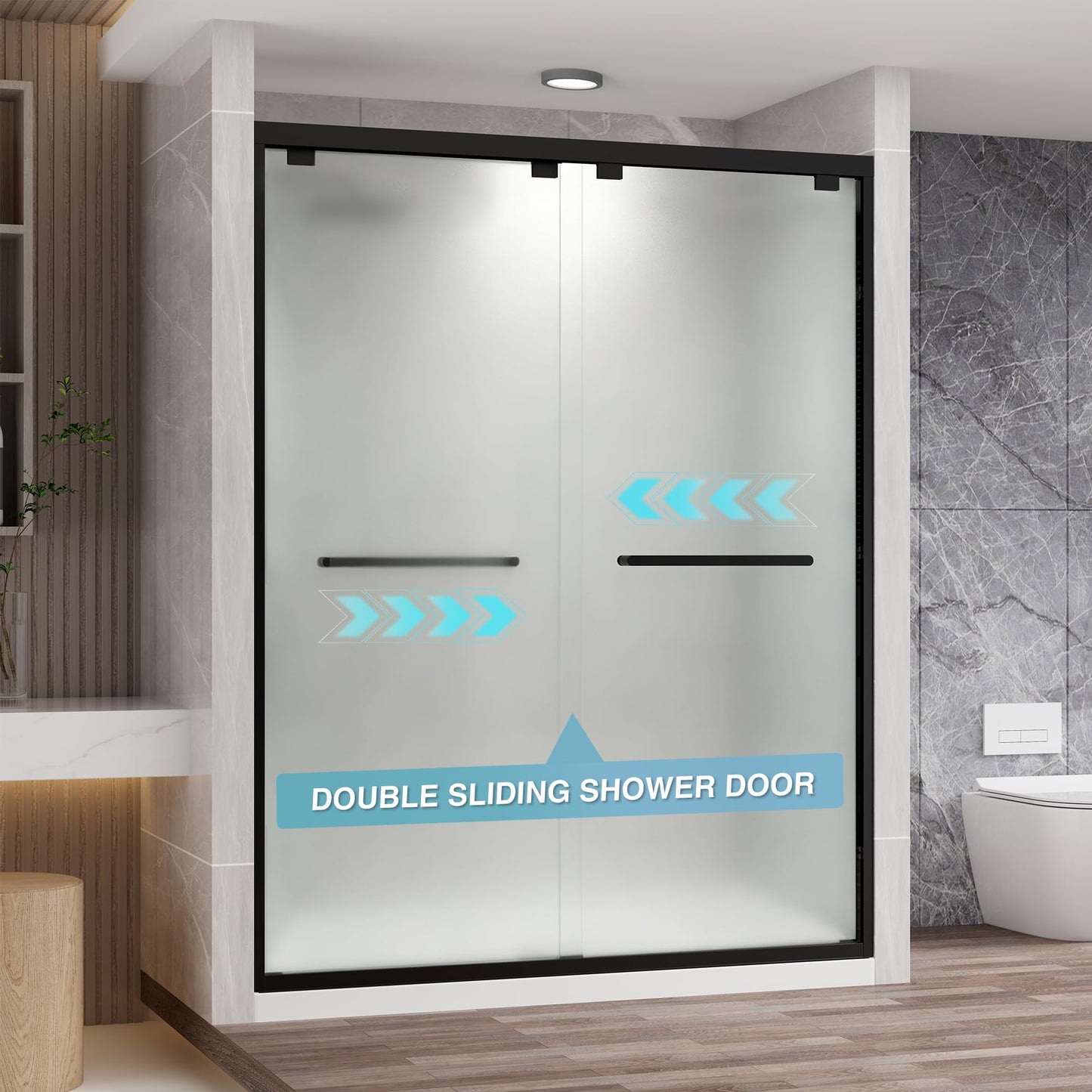 KPUY Frosted Glass Shower Door, 43-48" W x 76" H Semi-Frameless Double Sliding Shower Door, 1/4" (6mm) Tempered Glass with Explosion-Proof Film & Nano Coating, Matte Black