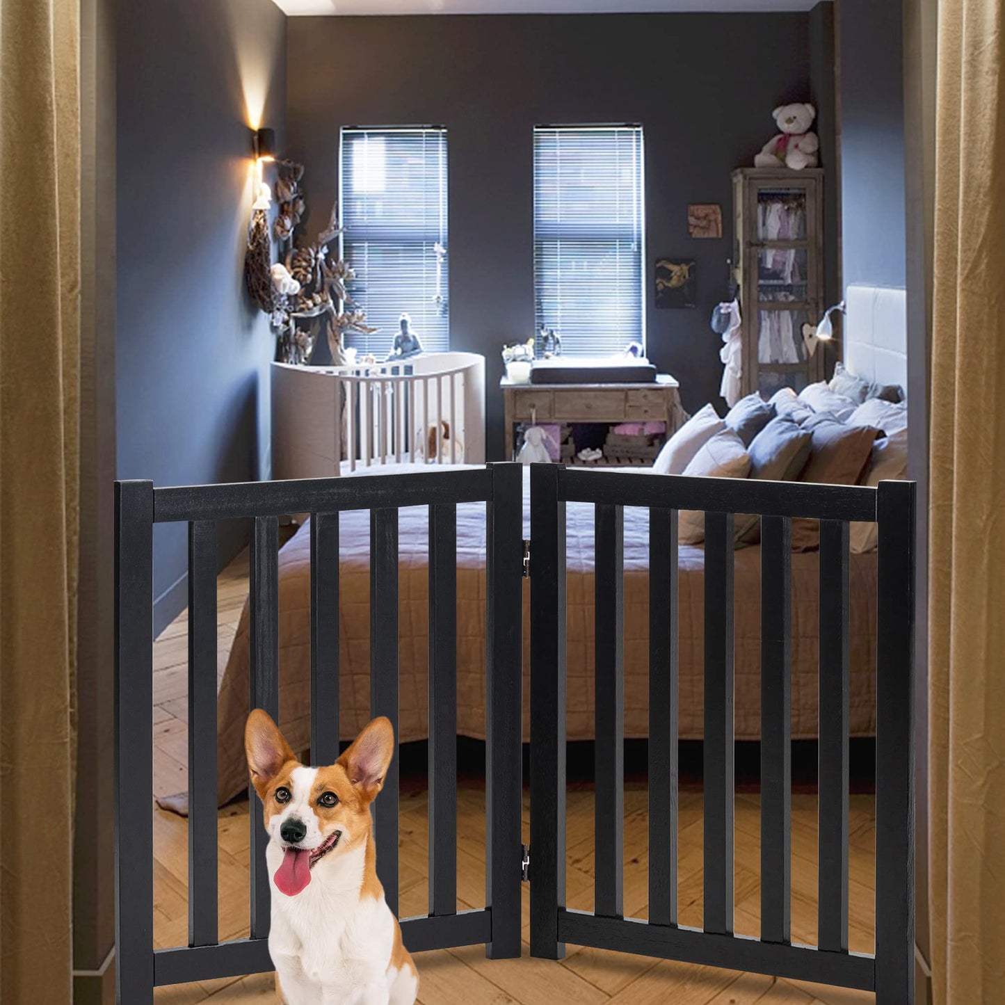 LZRS 2-Panel Wooden Free Standing Foldable Dog Gate Indoor – Solid Hardwood 24" High, Step-Over Safety Pet Gate for Doorways, Stairs & Small Spaces - Indoor Use, Black