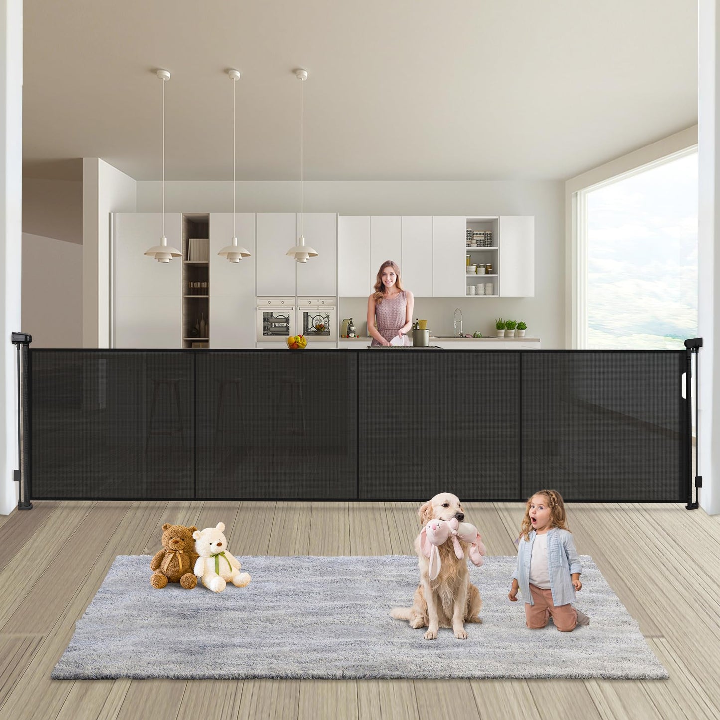 180" Extra Wide Retractable Baby Gates for Large Openings, 42" Extra Tall with Support Rods, Prevent Crawling, Mesh Dog/Pet Gate for Stairs/Doorways, Indoor/Outdoor Use