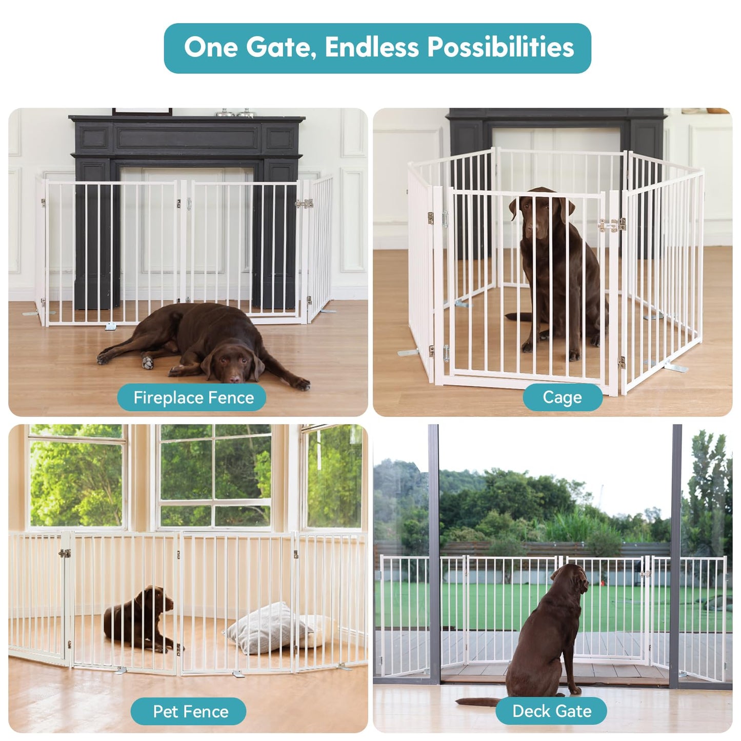 No Pawblems Free Standing Dog Gate with Door, 30'' Tall Foldable Dog Fence for Indoor & Outdoor, Up to 104 Inch Extra Wide Puppy Gate for Stairs, Hallways, Doorways, Deck, Yard (White, 4 Panels)