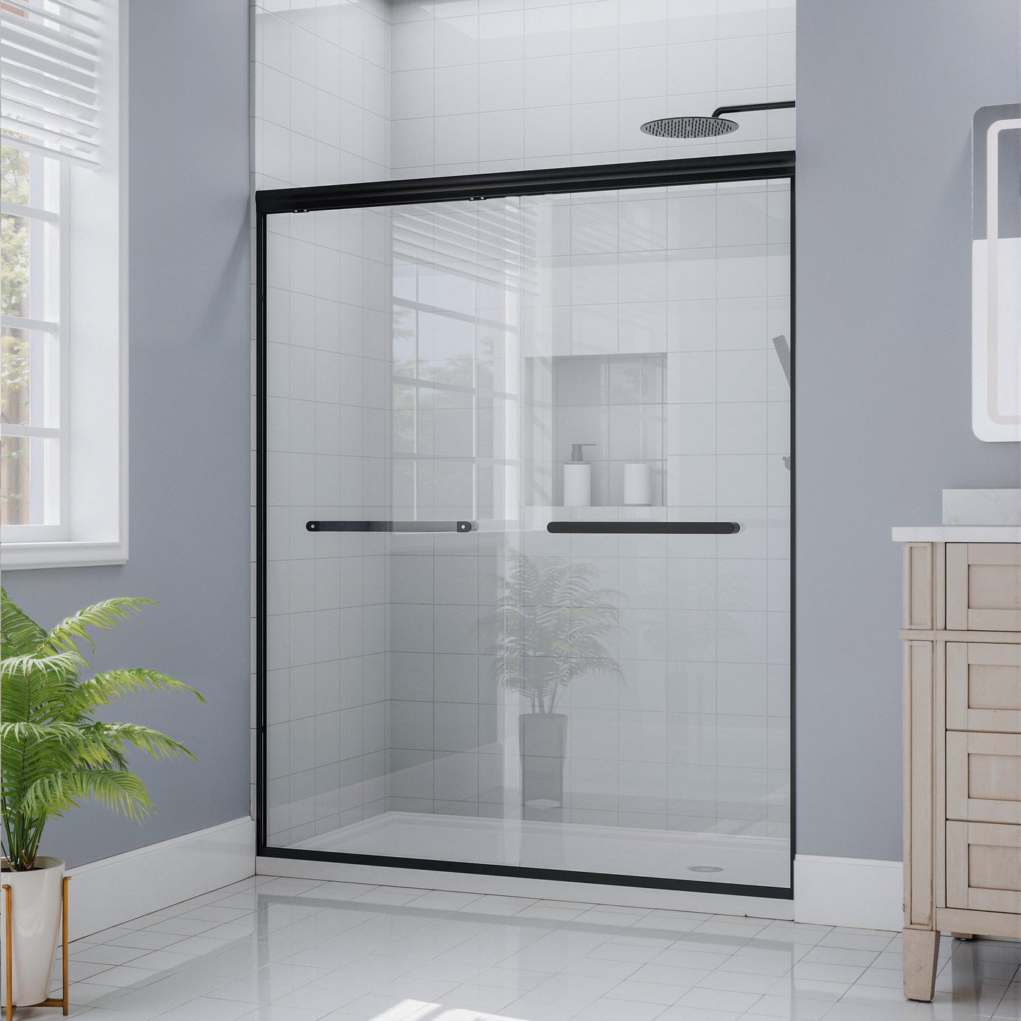 Kullavik Shower Door 56-60'' W x 72'' H Semi-Frameless Bypasss Bathroom Glass Shower Double Sliding Doors,1/4'' (6mm) Clear SGCC Tempered Glass with Explosion-Proof Film,Black