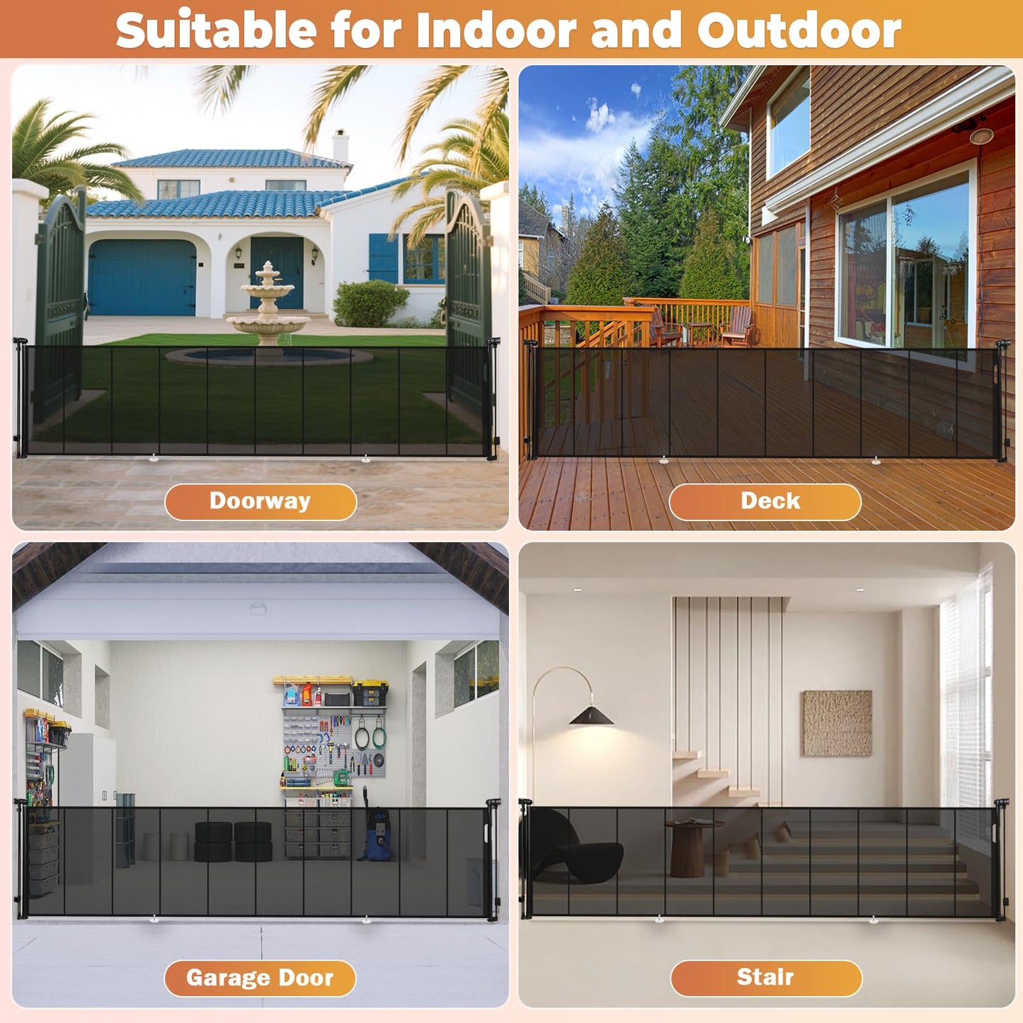 236" Retractable Baby Gates Dog Gate Extra Wide, 42" Tall Child Pet Safety Gate with Reinforced Strips for Stairs, Long Mesh Garage Gates Fence for Outdoor Indoor Large Openings Driveway Decks Patio