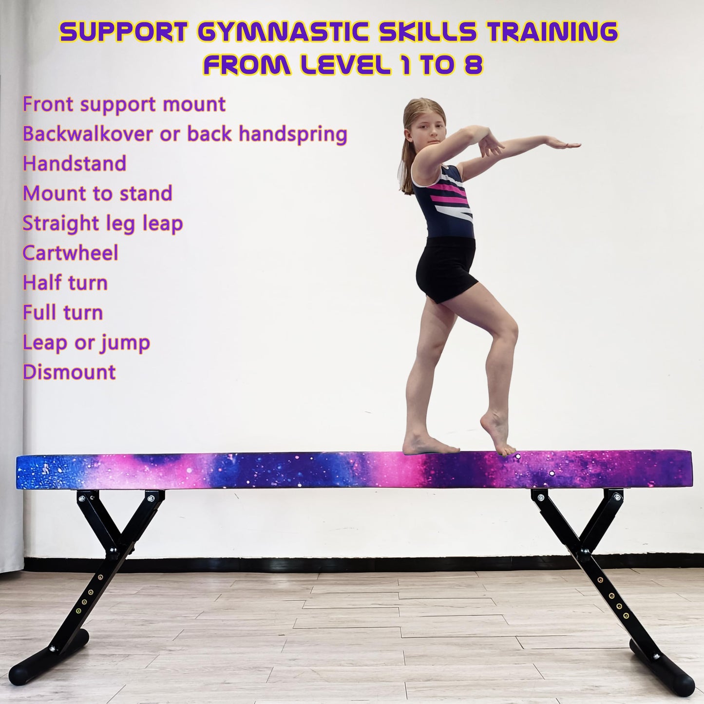 FC FUNCHEER Adjustable balane Beam for Kids - 8FT Gymnastics Beam - high and Low Floor Beam for All Gymnastic Levels-Professional Gymnastic Equipment for Home and Gym Center