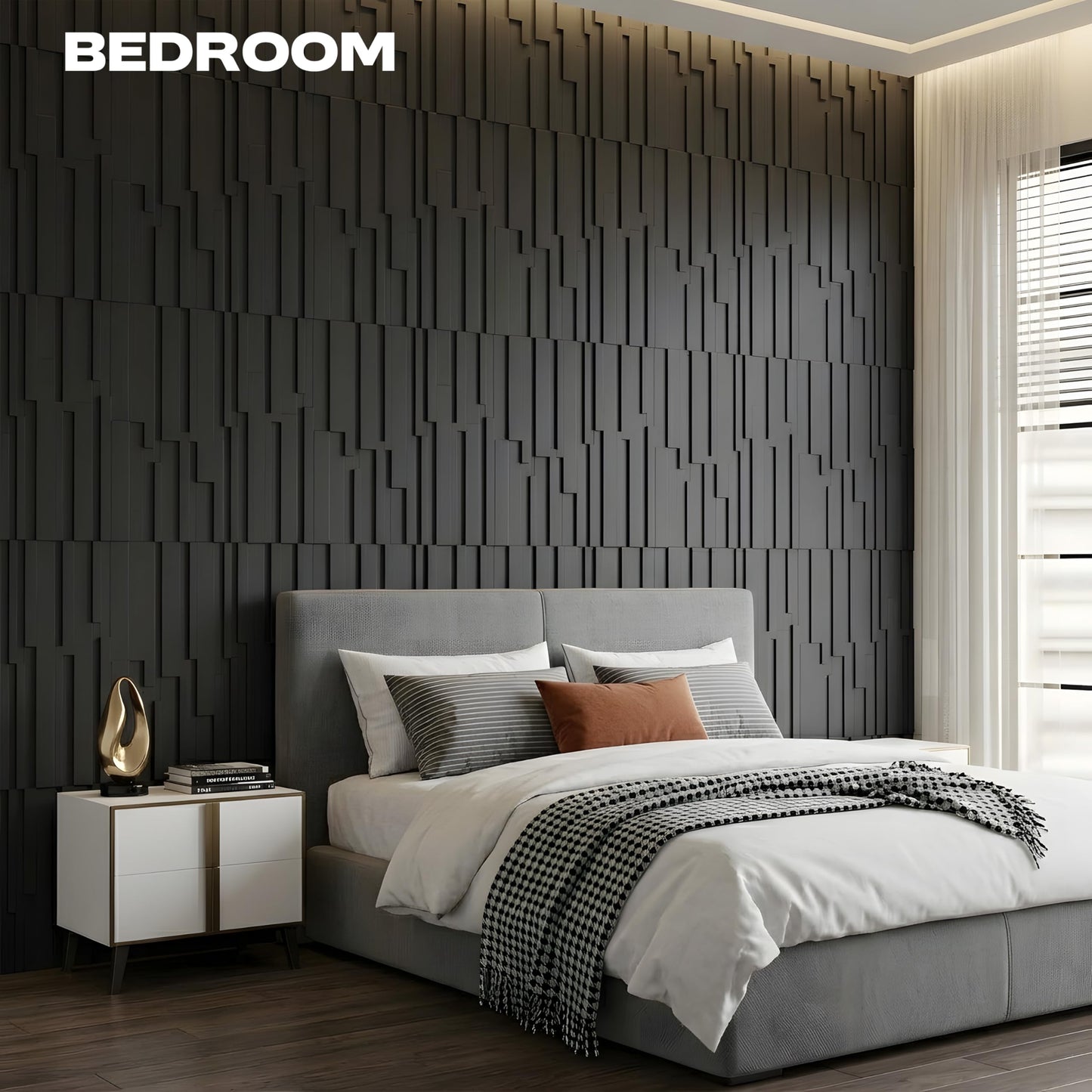 janasse Large PU Decorative Wall Panels, 4-Pack Covers 31 Sq.Ft – 47.2" × 23.6" 3D Architectural Accent Wall Panels for Living Room, TV Wall, Office & Commercial Spaces (Black)