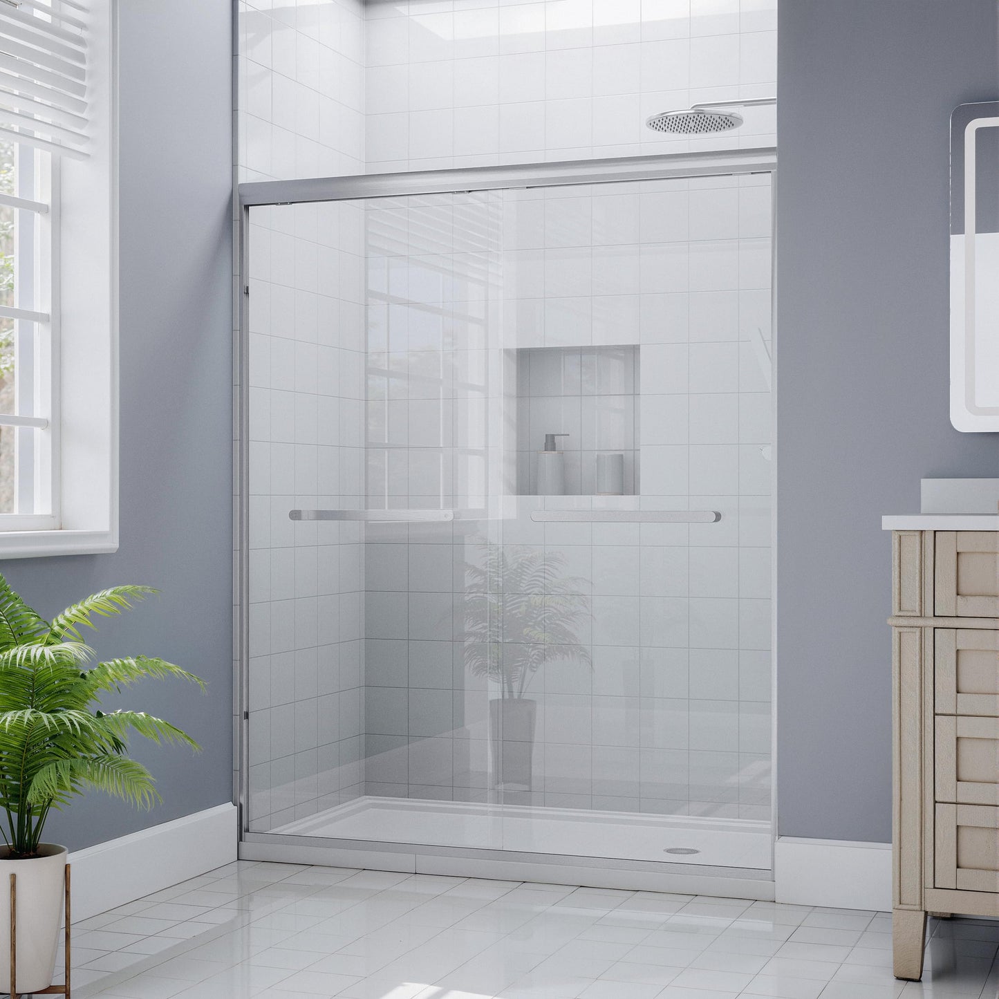 Kullavik Shower Door 56-60'' W x 72'' H Semi-Frameless Bypasss Bathroom Glass Shower Double Sliding Doors,1/4'' (6mm) Clear SGCC Tempered Glass with Explosion-Proof Film,Brushed Nickel