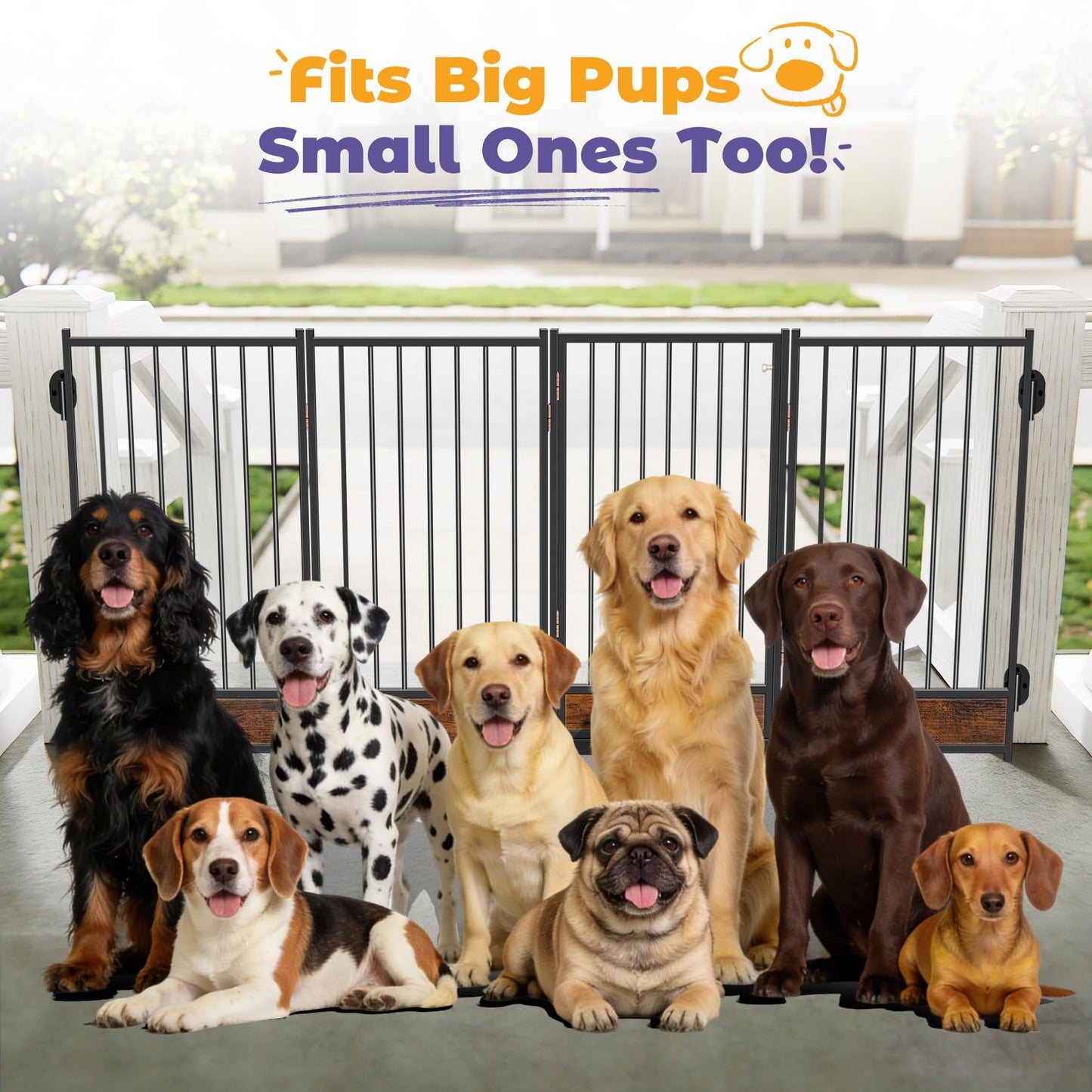Freestanding Dog Gates with Door Metal Wood for Outdoor Indoor, 81'' Extra Wide 32'' Tall 4 Panels Free Standing Pet Gate for Doorways, Large Openings, Deck,Yard, Foldable Safety Dog Fence, Black