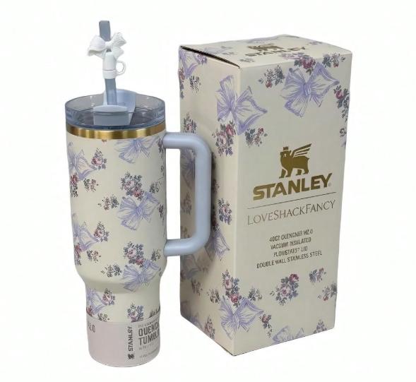 Stanley x LoveShackFancy Blue Bow Floral Quencher Tumbler 40oz – Stainless Steel Vacuum Insulated Cup with Handle & Straw