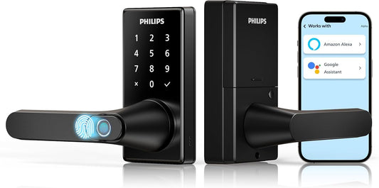 Philips Wi-Fi Smart Door Lock with Handle, Keyless Entry Door Lock, Fingerprint Door Knob, App Remote Control, Auto-Lock, Keypad Deadbolt with Lever for Front Door and Bedrooms, Security Easy Install