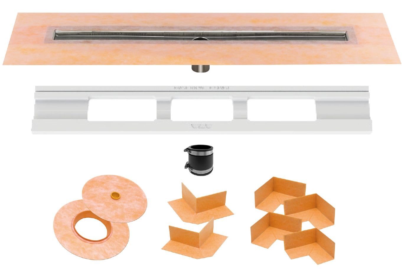 Schluter Kerdi Line Shower Drain with 28" Stainless Steel Channel Body and Waterproof Kerdi Collar - Ideal for Showers and Wet Rooms - Center Outlet Position, 27-9/16" Grate Length - KL1V60E70