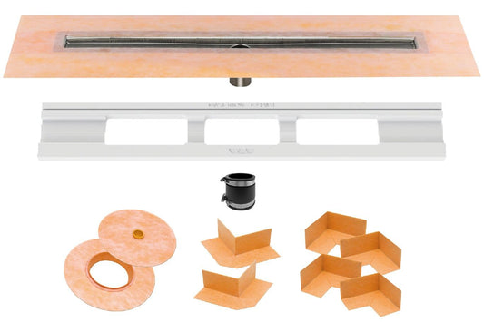 Schluter Kerdi Line Shower Drain with 28" Stainless Steel Channel Body and Waterproof Kerdi Collar - Ideal for Showers and Wet Rooms - Center Outlet Position, 27-9/16" Grate Length - KL1V60E70