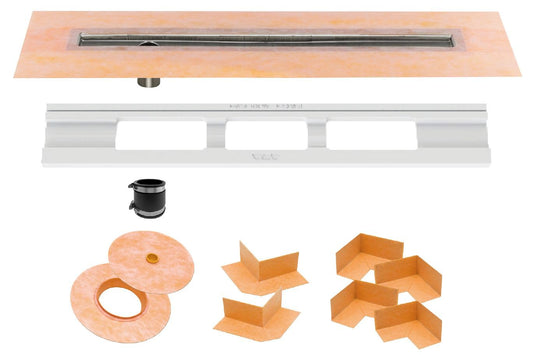 Schluter Kerdi Line Shower Drain with 28" Stainless Steel Channel Body Offset and Waterproof Kerdi Collar - for Showers & Wet Rooms - Off-Set and Center Outlets - KL1VO60E70