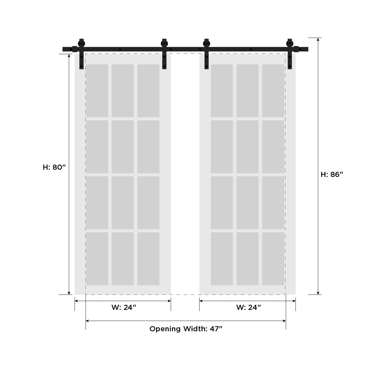 SARTODOORS Sturdy Double Barn Door with Frosted Glass | Lucia 2552 Black Matte | 13FT Rail Hangers Heavy Set | Solid Panel Interior Doors-48" x 80" (2 * 24x80)-Frosted Glass-Black Rail