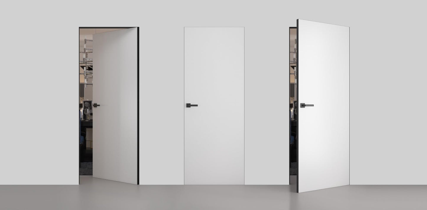 SARTODOORS Interior Invisible Solid Hidden Door with Handle | Planum 0010 Primed with Black Hidden Frame 24" x 80" Right-Hand Inswing | Concealed Hinges Lock Handle | Modern Wood Frameless Doors