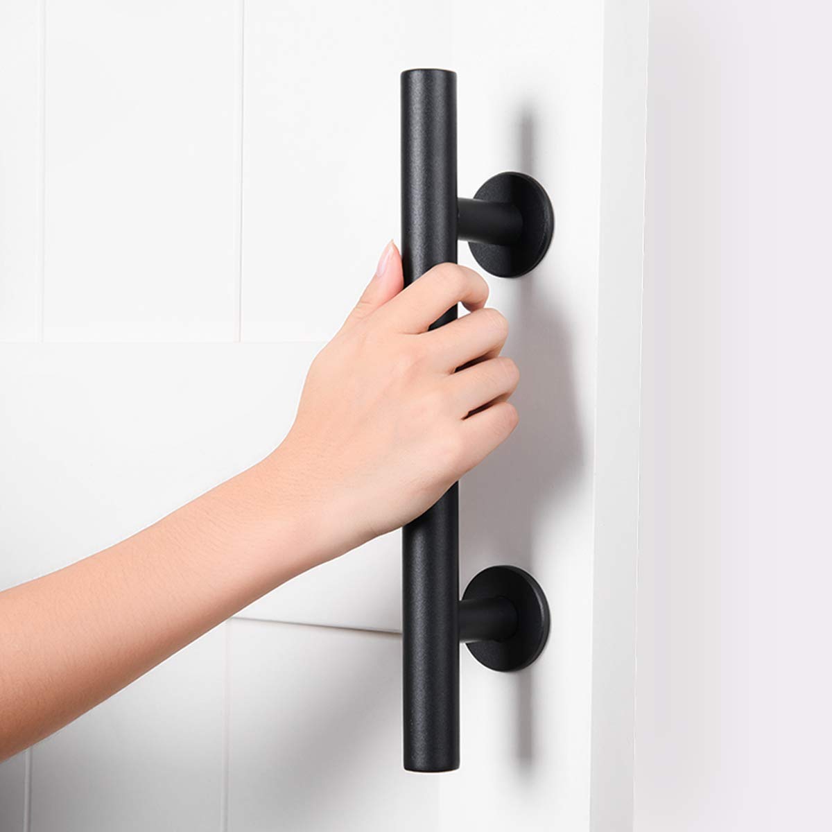 SMARTSTANDARD 12" Heavy Duty Sliding Barn Door Handle, Pull and Flush Hardware Set, Black Powder Coated Finish, Large Rustic Two-Side Design, Round