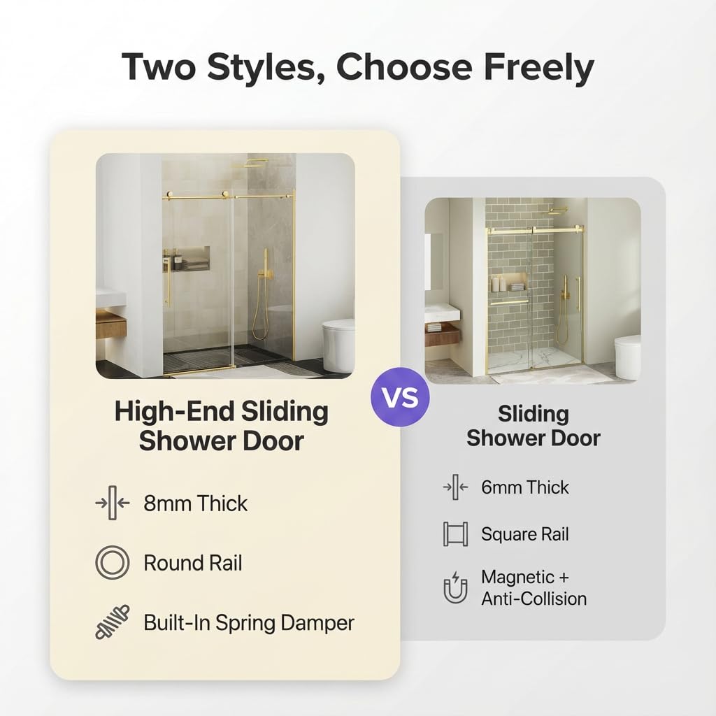 Findepot Frameless Sliding Shower Door 56-60 in W x 75 in H,Frameless Shower Door with 5/16" (8mm) Clear Tempered Glass,Silent Soft-Close Design,Brushed Gold
