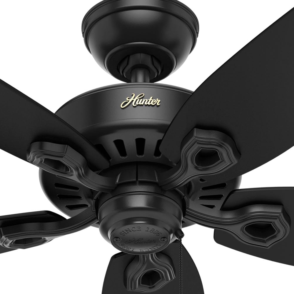 Hunter 52 inch Outdoor or Indoor Ceiling Fan No Light with Pull Chain - Black Ceiling Fan without Light, Standard Mount, 5 Blades, For Patio, Porch, Living Room - Builder Elite 53294, Matte Black
