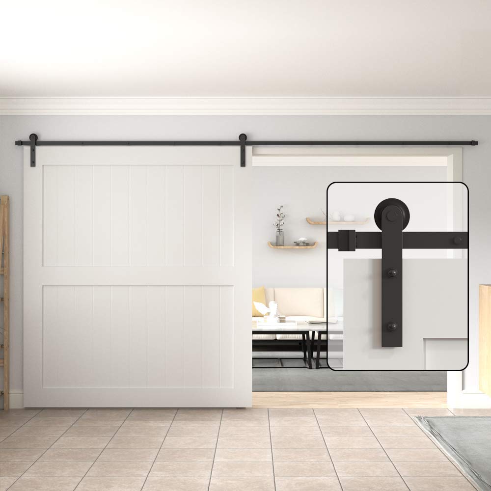WINSOON 12FT Barn Door Hardware Kit: Single Sliding Door Hardware - Heavy Duty Black Barn Door Track Kit - Carbon Steel Sliding Barn Door Rail - J-Shape Easy to Install for 77" Closet Panel(No Door)