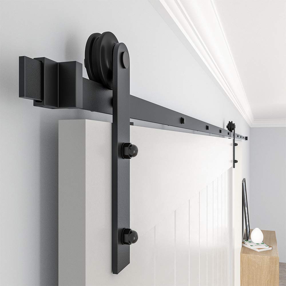 WINSOON 12FT Barn Door Hardware Kit: Single Sliding Door Hardware - Heavy Duty Black Barn Door Track Kit - Carbon Steel Sliding Barn Door Rail - J-Shape Easy to Install for 77" Closet Panel(No Door)