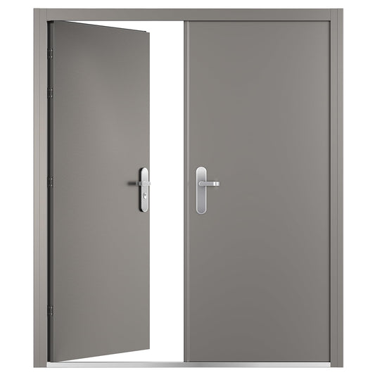 VIZ-PRO Quick Mount Double Steel Security Door with Frame and Hardware, Gray Left Side-Active Leaf Inward