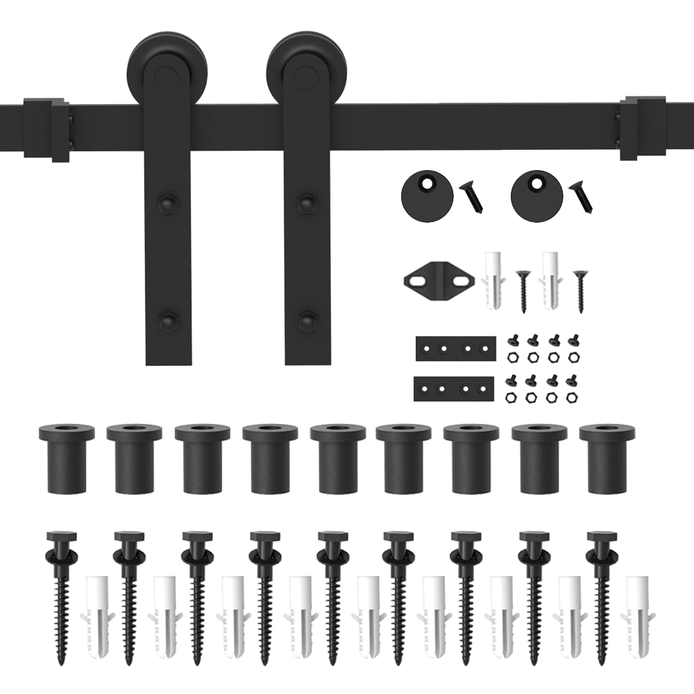 WINSOON 12FT Barn Door Hardware Kit: Single Sliding Door Hardware - Heavy Duty Black Barn Door Track Kit - Carbon Steel Sliding Barn Door Rail - J-Shape Easy to Install for 77" Closet Panel(No Door)