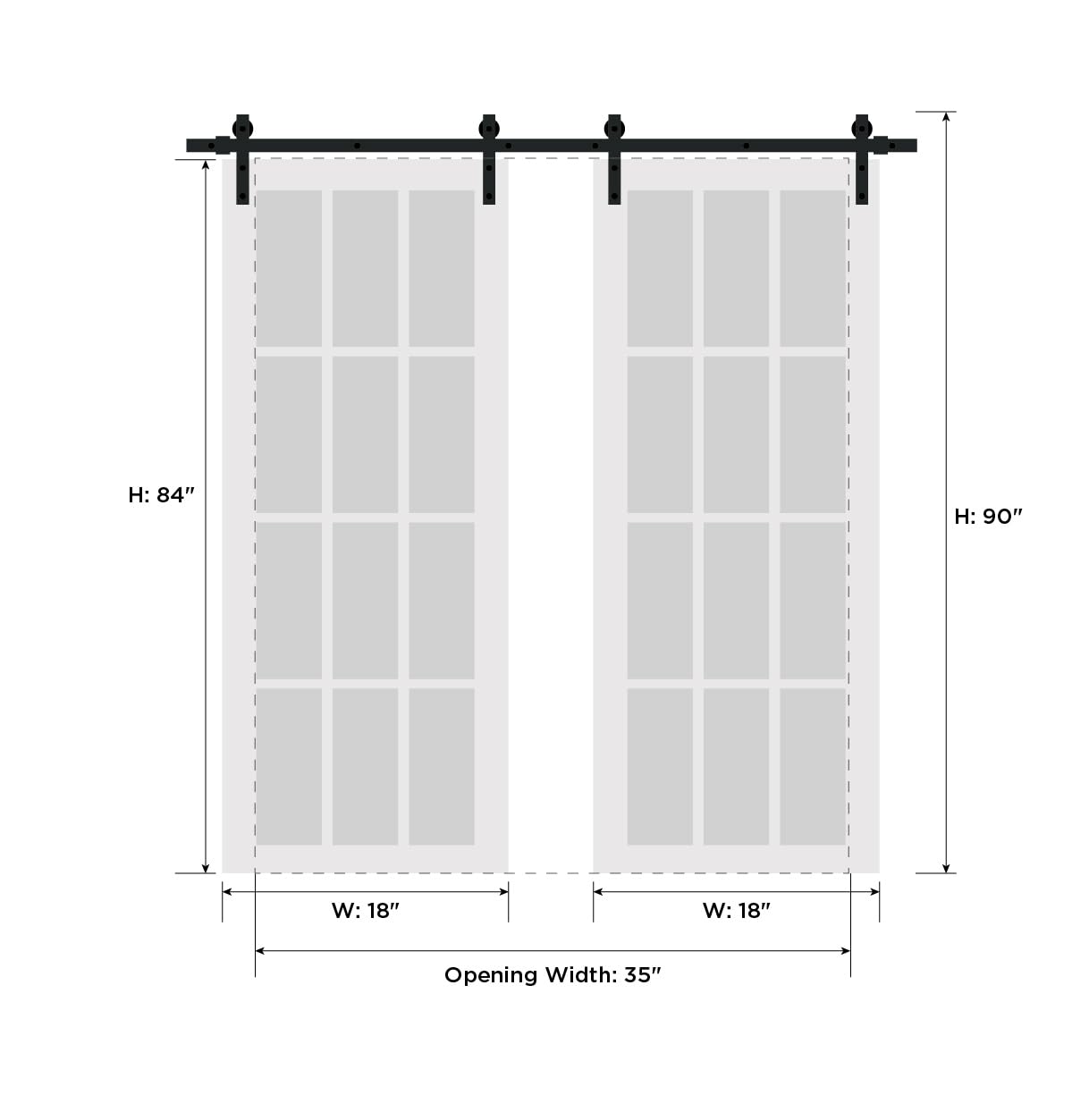 SARTODOORS - Sturdy Double Barn Door 36 x 84 inches with Frosted Glass 12 Lites | Felicia 3312 Matte White | Top Mount 13 FT Rail Hangers Heavy Set | Solid Panel Interior Doors