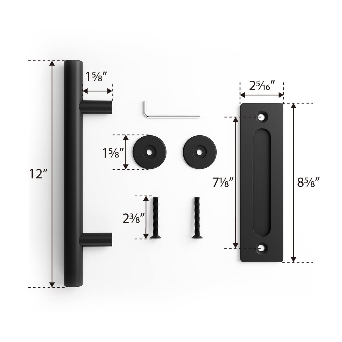 SMARTSTANDARD 12" Heavy Duty Sliding Barn Door Handle, Pull and Flush Hardware Set, Black Powder Coated Finish, Large Rustic Two-Side Design, Round
