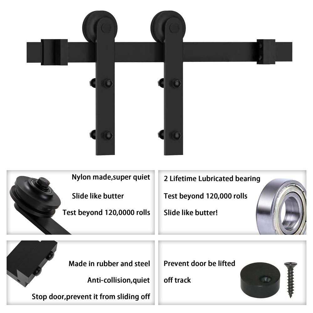 WINSOON 12FT Barn Door Hardware Kit: Single Sliding Door Hardware - Heavy Duty Black Barn Door Track Kit - Carbon Steel Sliding Barn Door Rail - J-Shape Easy to Install for 77" Closet Panel(No Door)