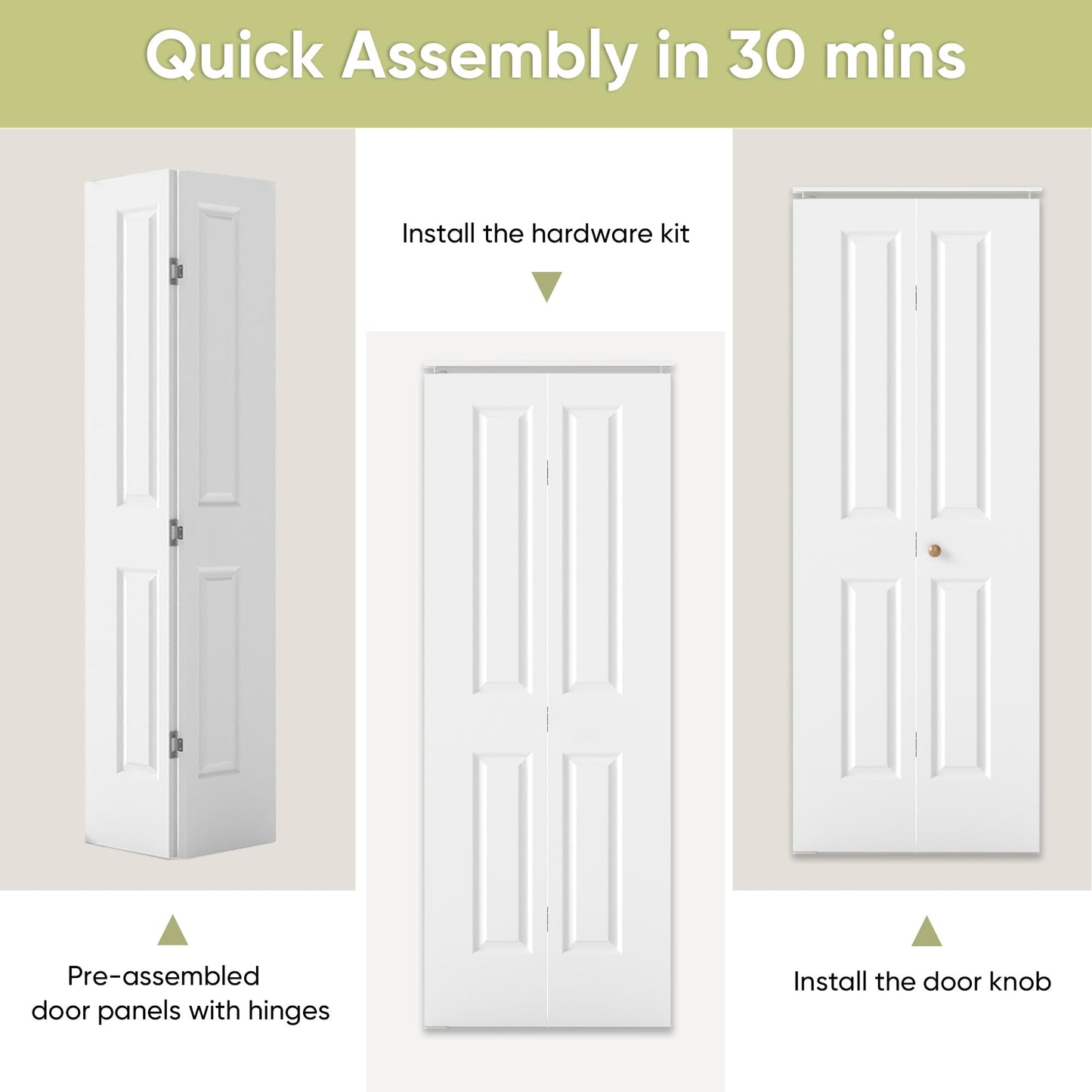 JUBEST 36 in.x 80 in. Bifold Closet Door, 2 Panel White Primed Bifold Door, Hollow Core Interior Folding Doors with Hardware Kit & Handle