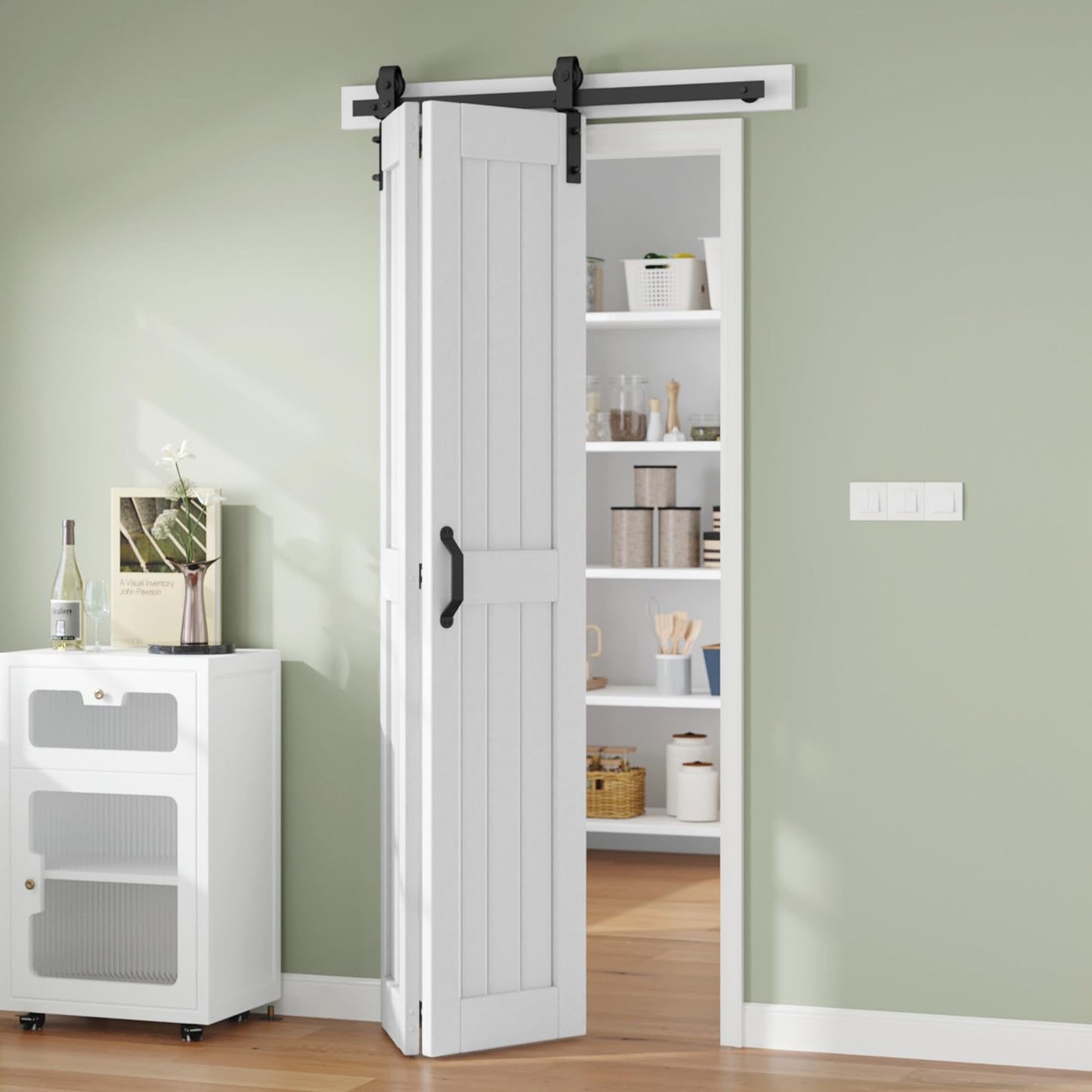 Finosen Bifold Barn Door 42 x 84 in (Double 21 inch)，Bi-fold Sliding Closet Doors with Hardware Track kit Included, 3.8ft Rail for 2 Doors, MDF Wood Panel,PVC Surface, Save Space,DIY Assembly, White