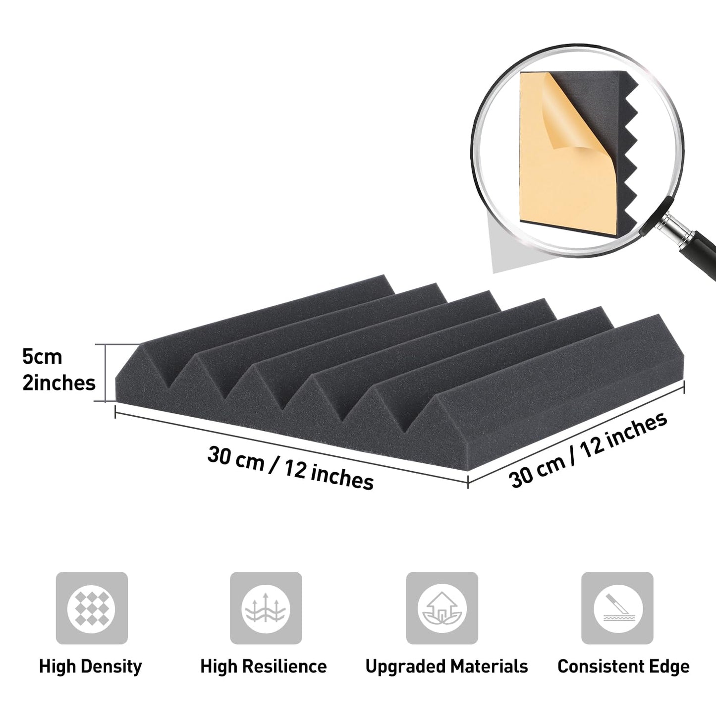 AUSLET 24 Pack Self-Adhesive Acoustic Foam Panels, 12 x 12 x 2 Inches High Density Wedge Sound Proof Foam Panels for Walls, Fire Resistant Soundproof Wall Panels for Home Office & Studio (Black)